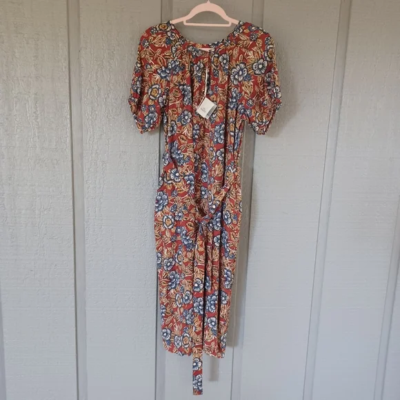 Faherty Carmel Print Linen Blend Midi Dress Size XS Tie Waist Floral Boho Pocket - Picture 2 of 15